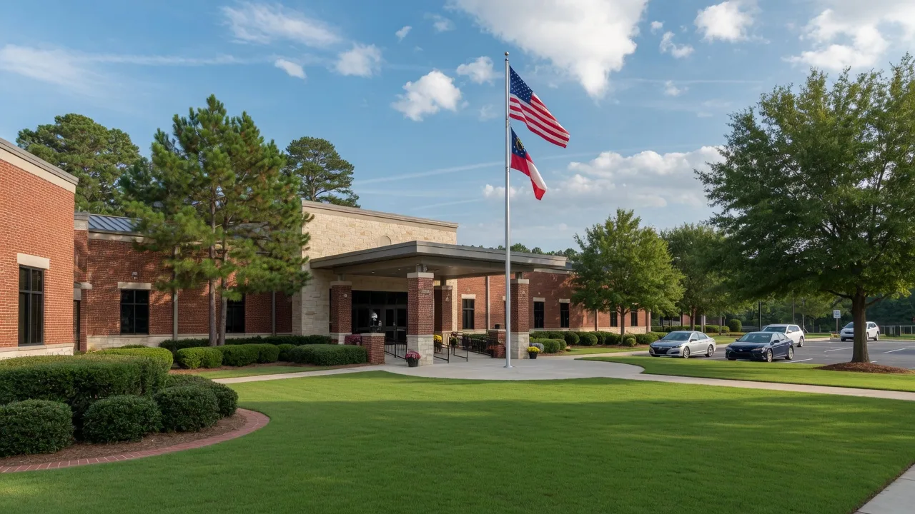 Modern Georgia suburban high school campus with a red brick facade, flagpole, green lawns, and southern pines