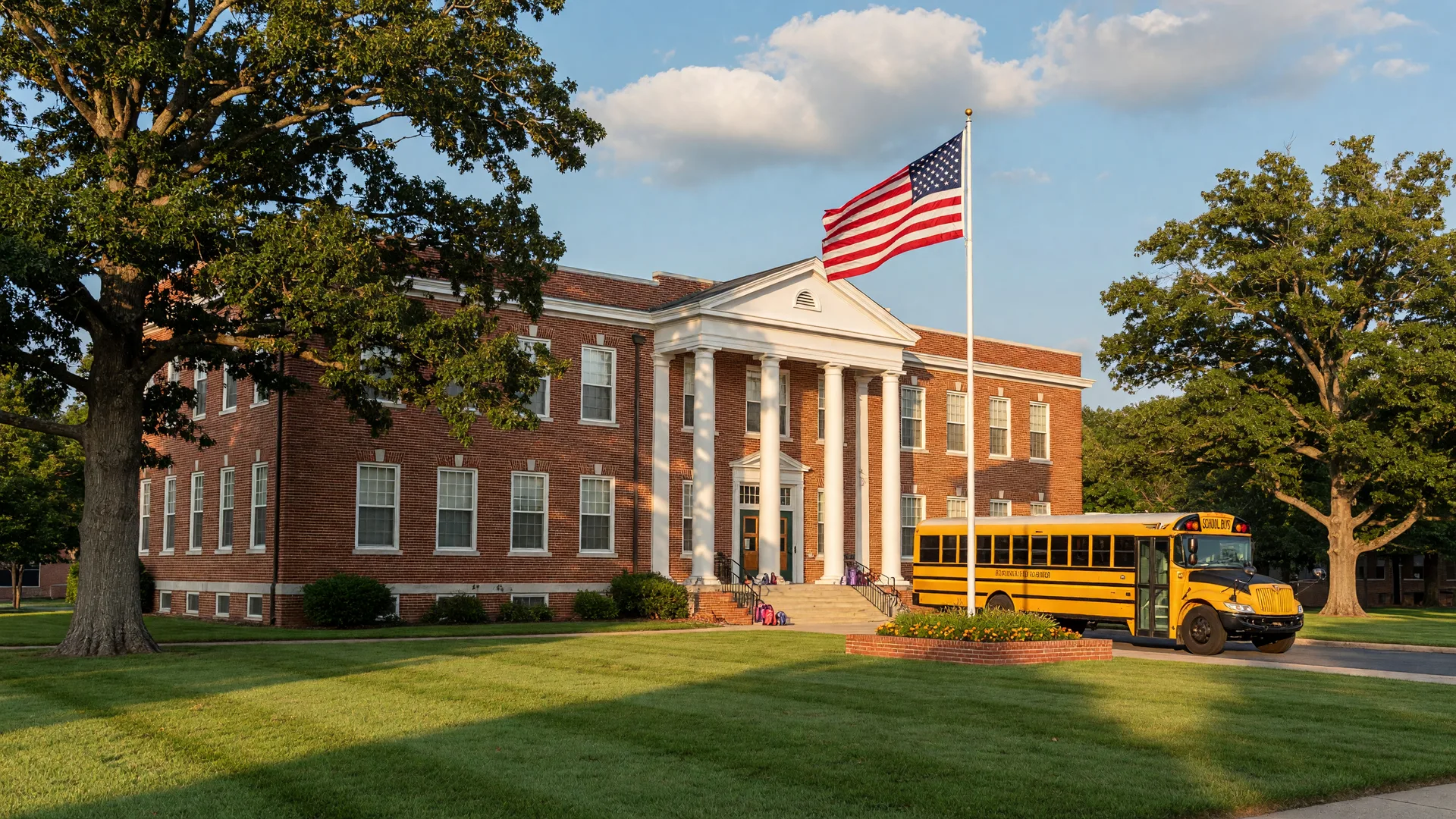 Red brick elementary school with yellow school bus on a sunny late-summer morning in Virginia