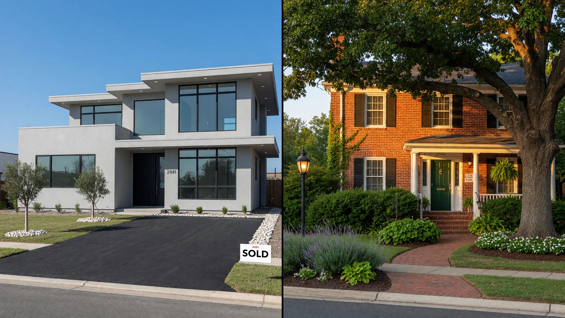Split comparison of a new build home and an established home with mature trees