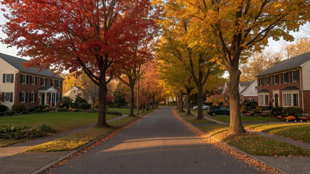 A tree-lined residential street in Dresher with well-maintained homes in autumn