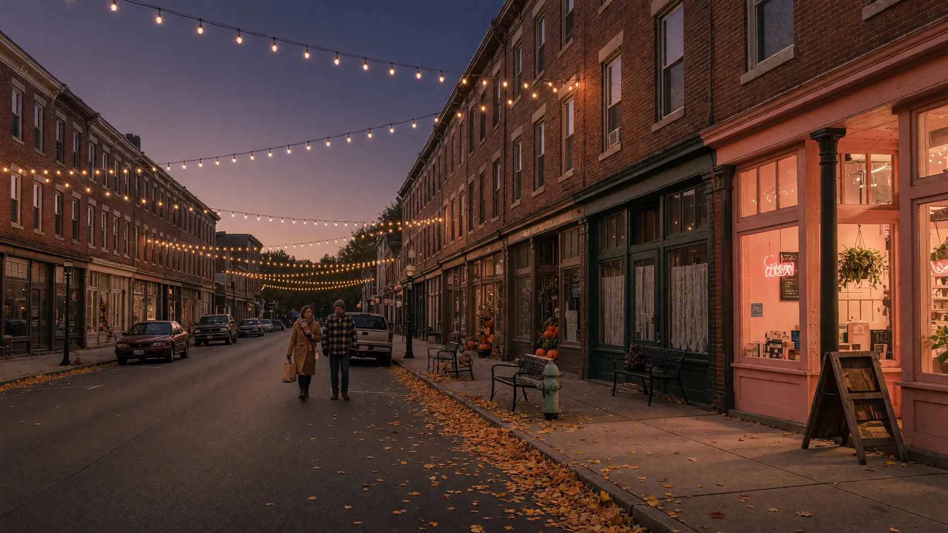 Butler Avenue storefronts glowing under string lights on a fall evening