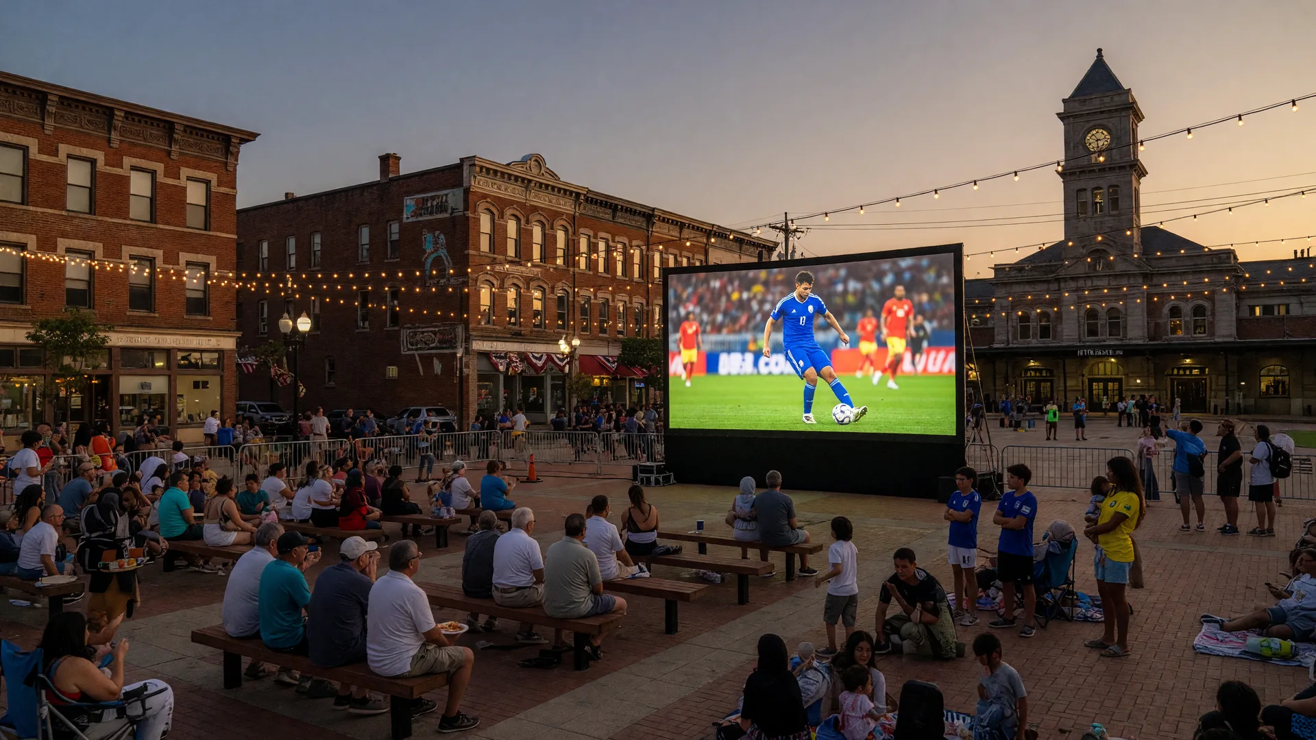 A community plaza in Montclair NJ during a summer evening World Cup viewing event with a large outdoor screen, string lights, and gathered neighbors