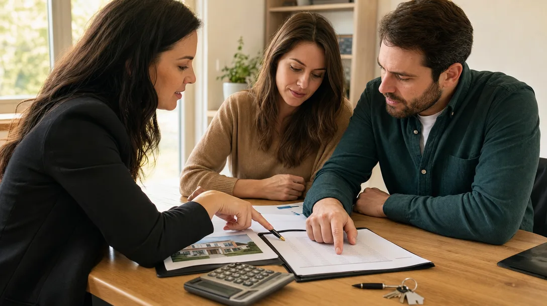 Real estate agent and buyers reviewing a contract and home valuation report