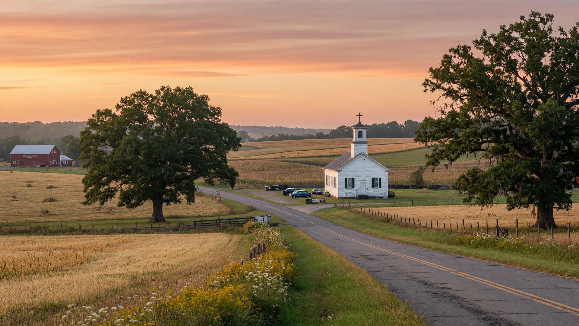 Rural New Kent County Virginia countryside at golden hour with rolling farmland and a historic church