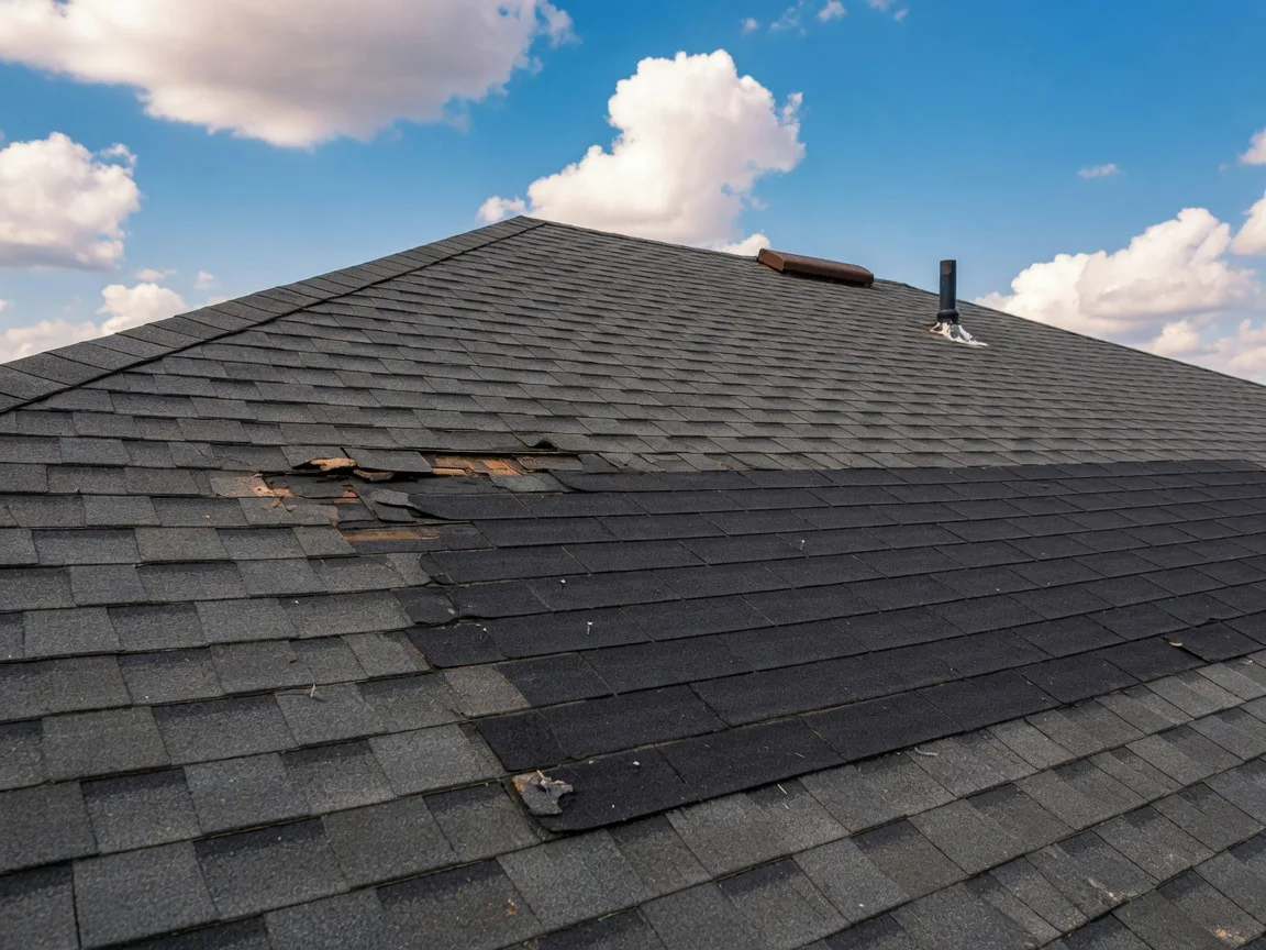 Close-up of an asphalt shingle roof under a bright blue Oklahoma sky, showing a repair section