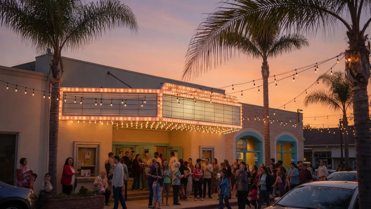 Community theater marquee glowing at twilight in a Southern California town with people gathering for an evening show