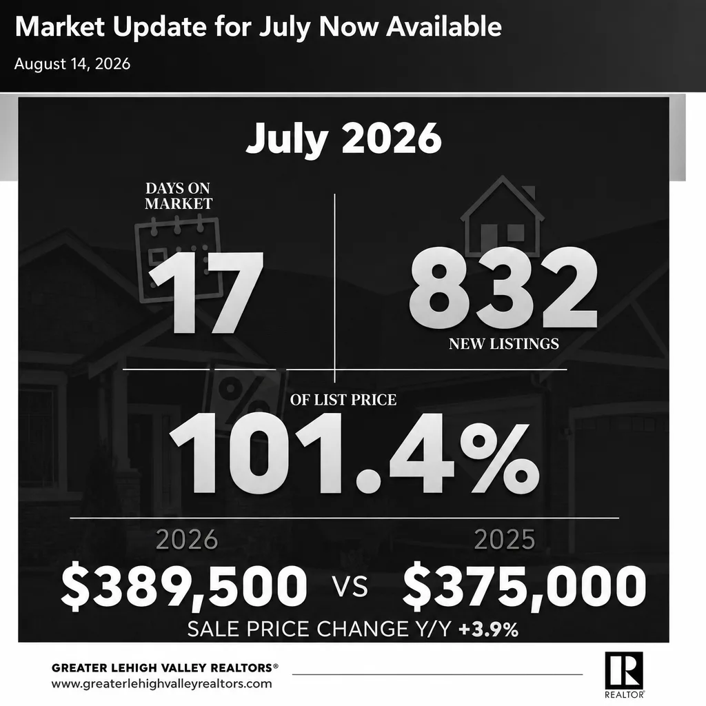 Lehigh Valley housing market update graphic showing key real estate statistics in black, white, and silver