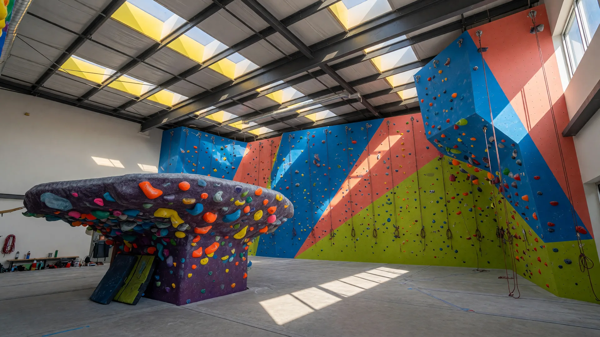 Bright interior of Fort Rock Climbing Center in Fort Myers, Florida with tall colorful climbing walls and natural light