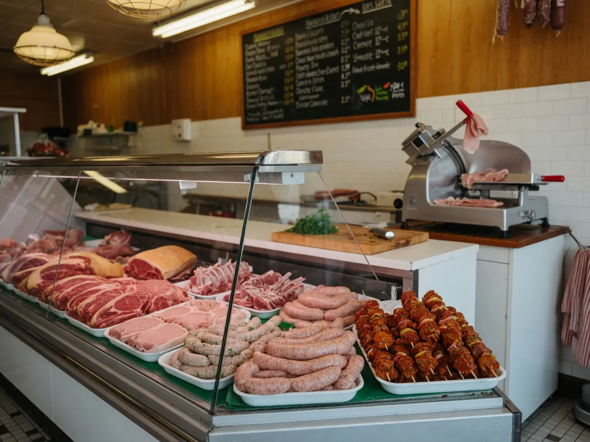 A clean glass display case of fresh cuts, house-made sausages, and marinated skewers at Halenda's Meats in Bowmanville, with a deli counter behind it in warm light