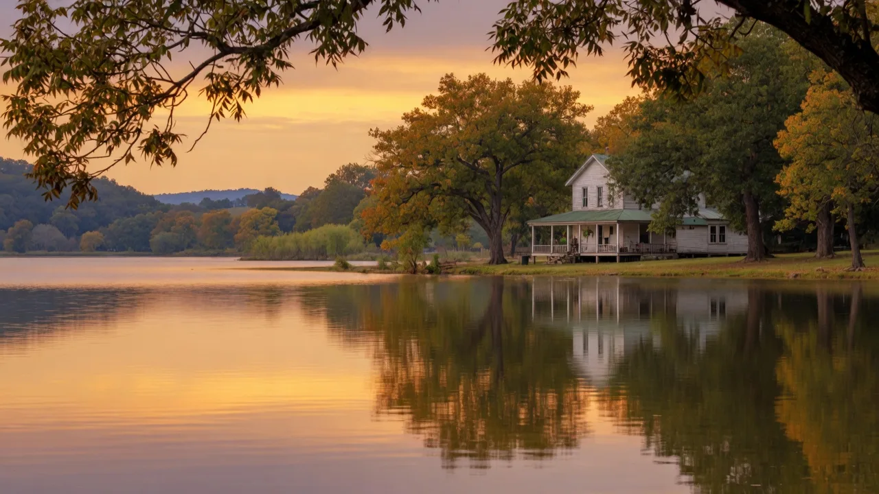 Lake Hartwell at golden hour with calm water reflecting amber light, framed by pecan trees with a historic farmhouse visible in the distance
