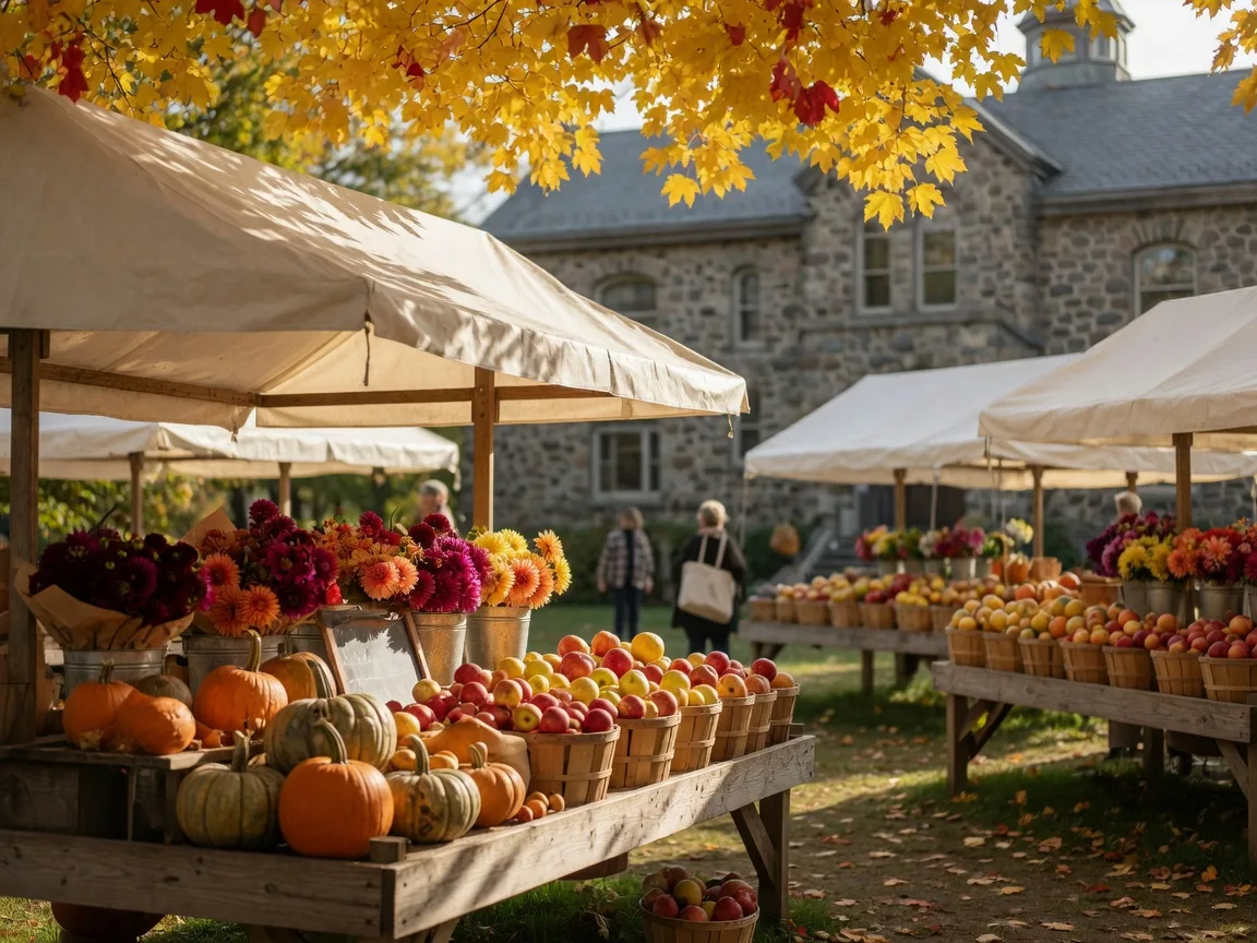 An October farmers market in a suburban village with pumpkins, apples, and cut flowers under white canopies