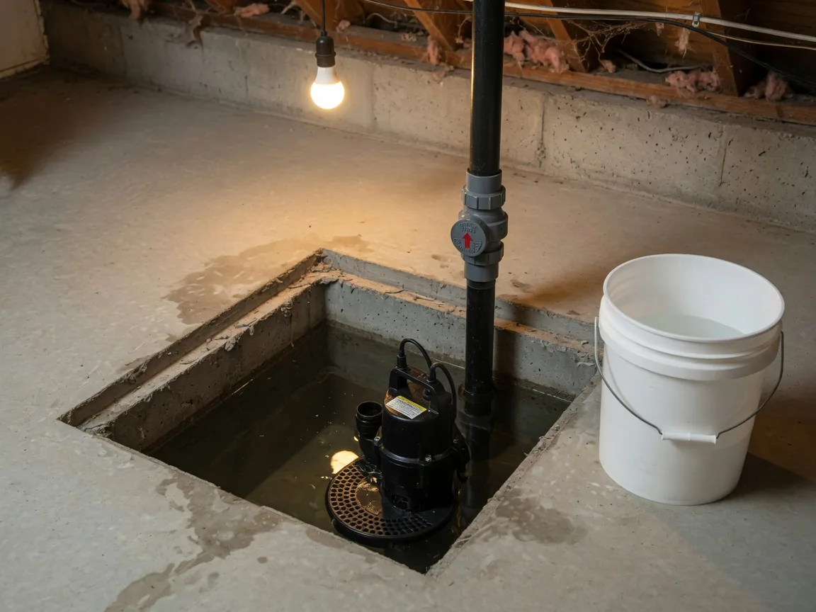 Open sump pit with a submersible pump and a bucket beside it for the monthly pour test in a Cherry Hill basement