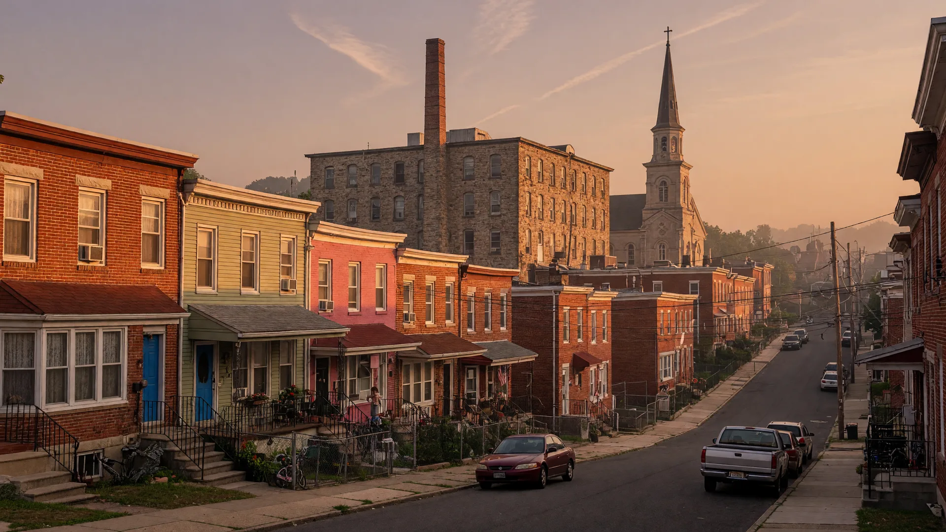 Brick row homes on a sloping street in a historic North Jersey mill city neighborhood