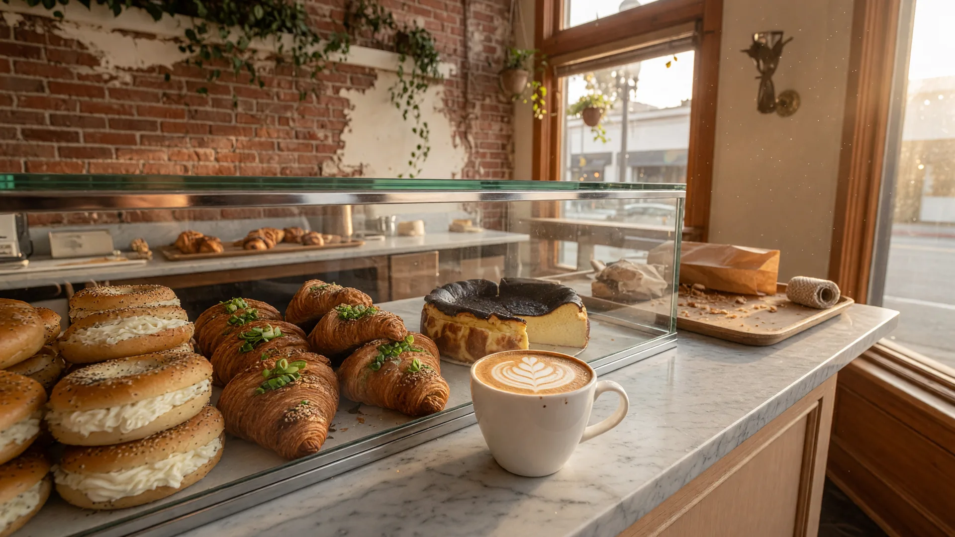 A bakery counter in golden morning light with cream-cheese-stuffed bagels, green-onion croissants and a Basque burnt cheesecake in a glass case, latte on a marble counter