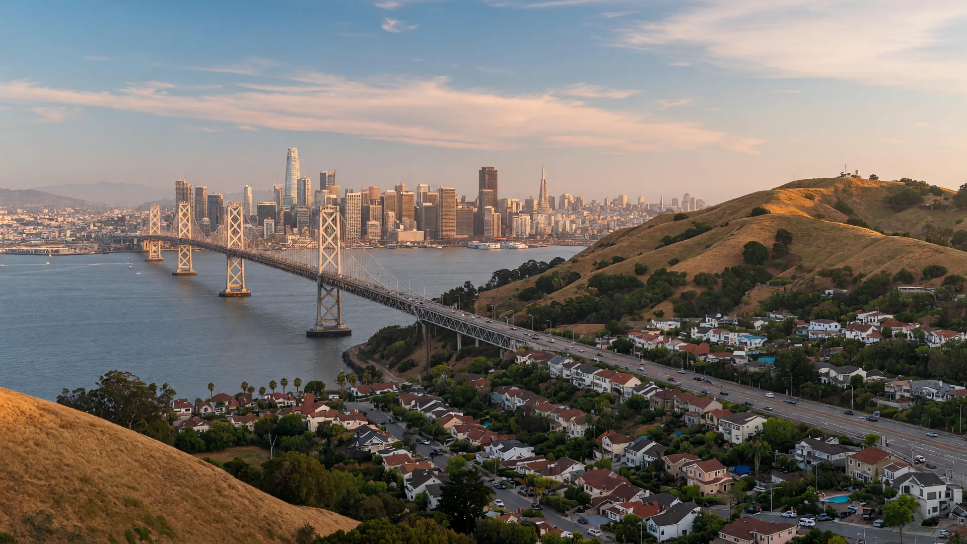 San Francisco skyline and Bay Bridge connecting to the East Bay suburbs