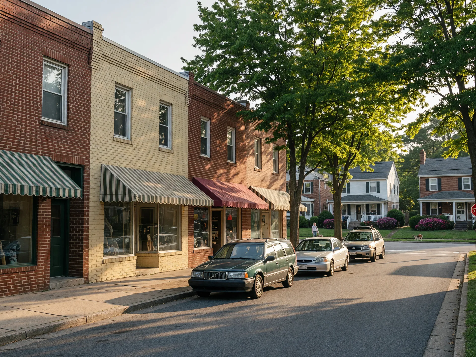 A walkable Maryland town center with brick storefronts and a wide tree-lined sidewalk