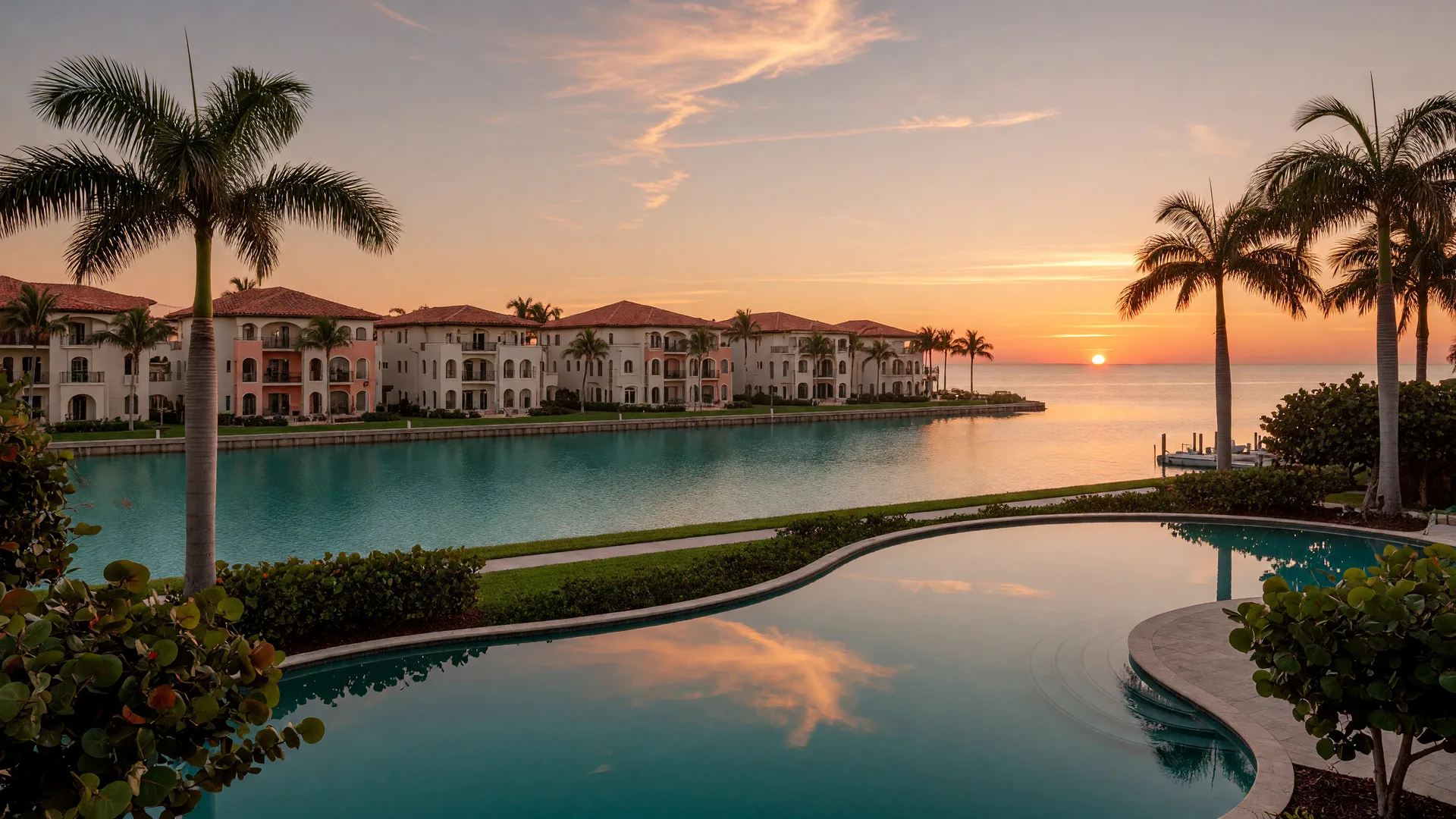 Luxury waterfront condominium community in Naples, Florida at golden hour with Mediterranean towers, a resort pool, palm trees, and calm bay water