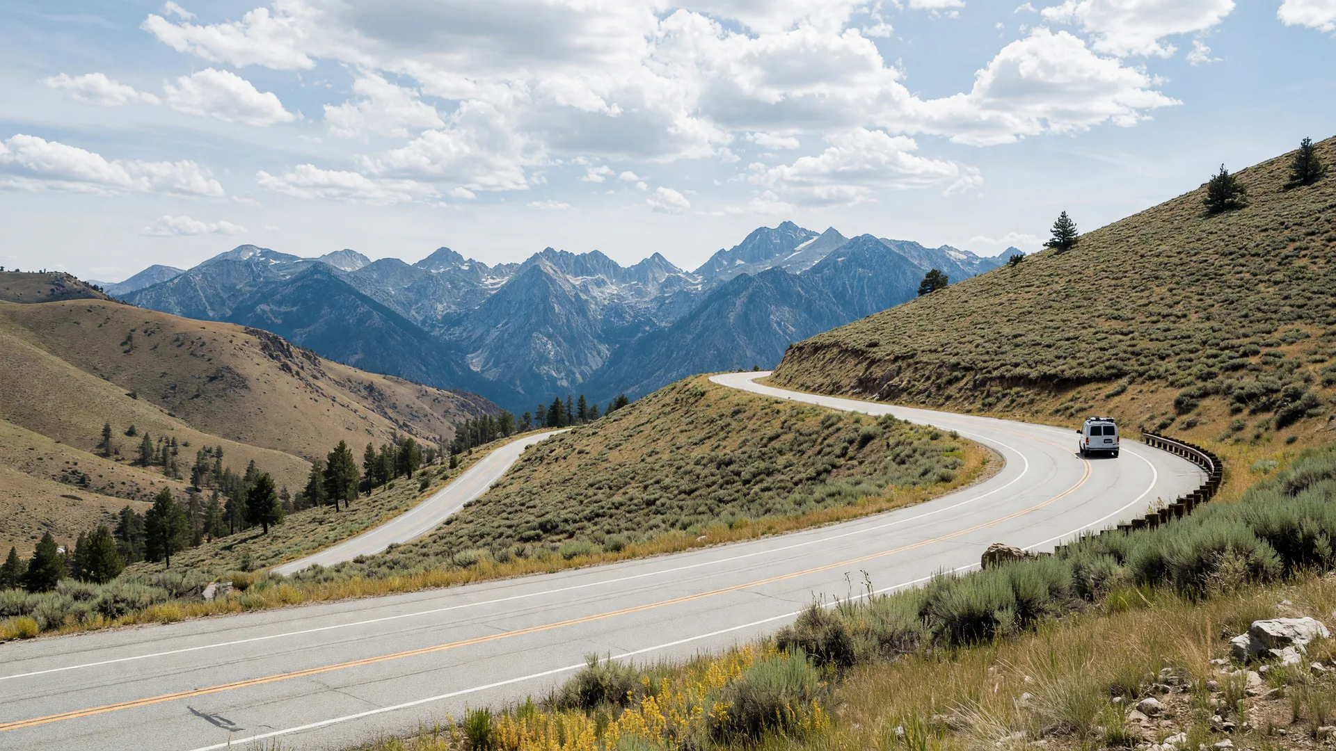 A two-lane Sierra Nevada mountain highway climbing toward distant peaks under a bright sky with scattered clouds, a small moving van ahead on the road.