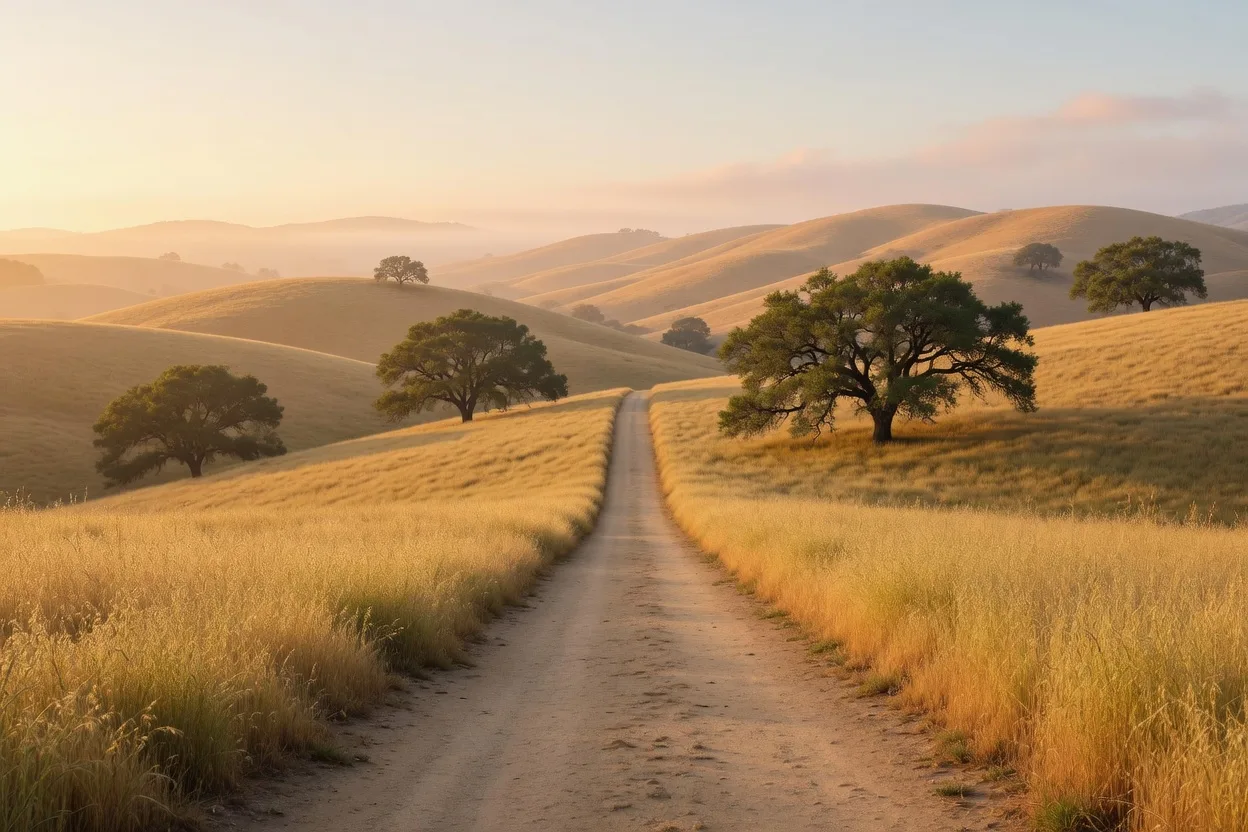 A gentle golden path stretching ahead through Northern California hills at morning light