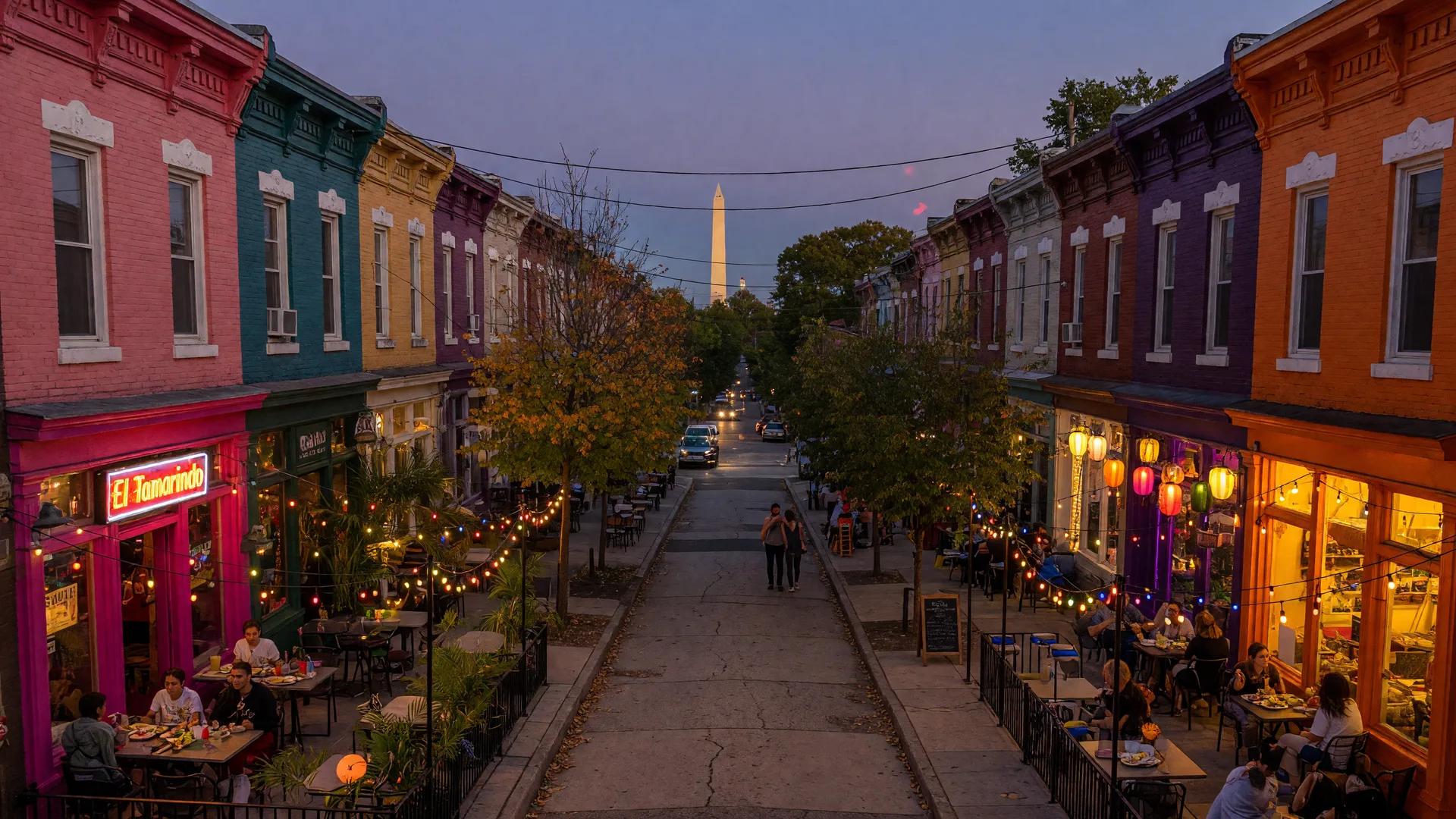 18th Street NW in the Adams Morgan neighborhood of Washington, DC at dusk, colorful Victorian rowhouses with glowing restaurant signs and string lights over café patios