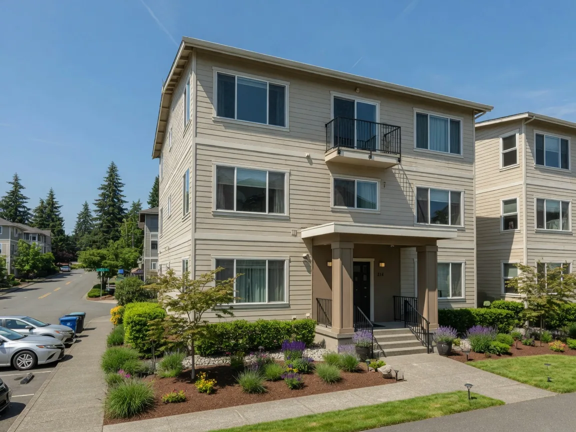 Exterior view of a modern condominium building in Renton, Washington