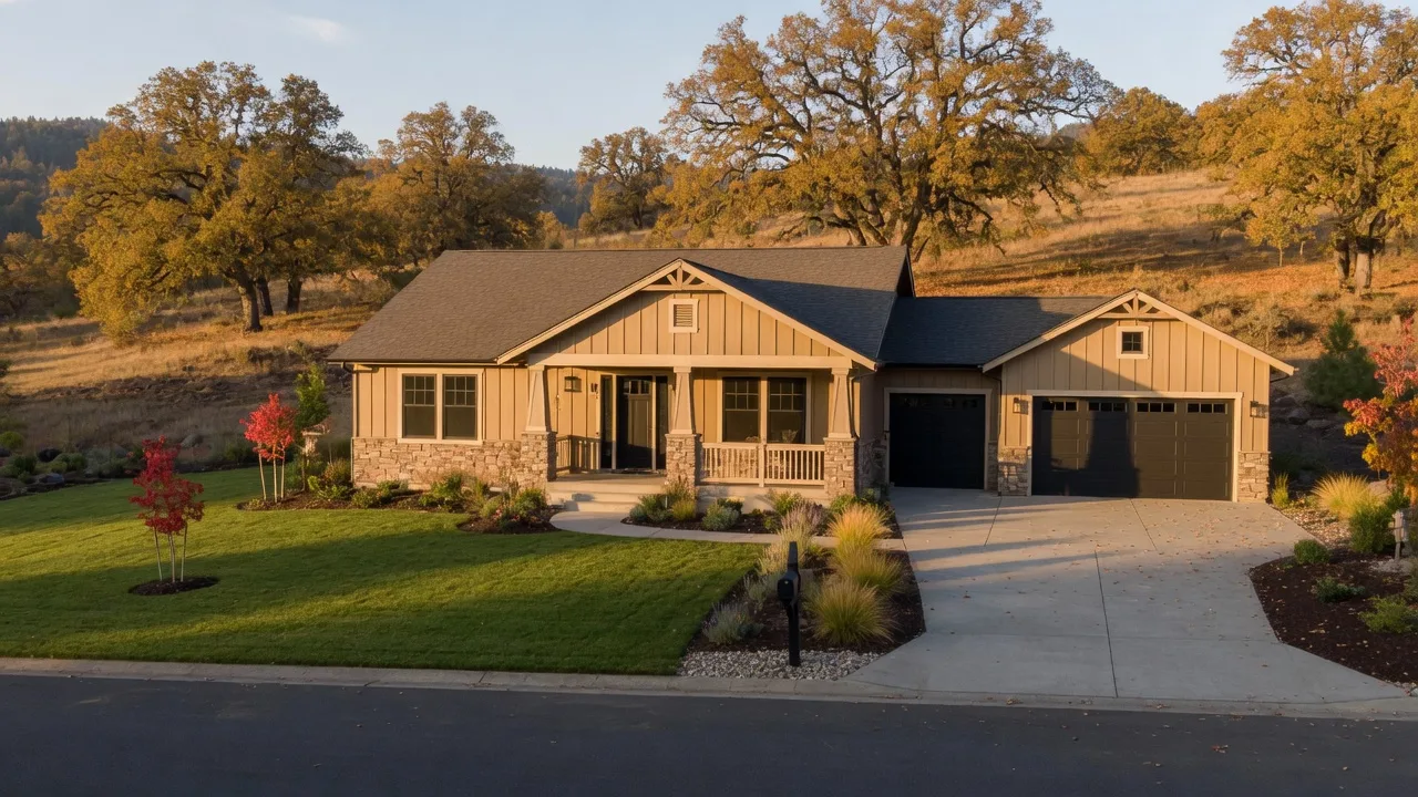A single-story craftsman home on an oversized corner lot in southwest Grants Pass, with a covered front porch and attached two-car garage