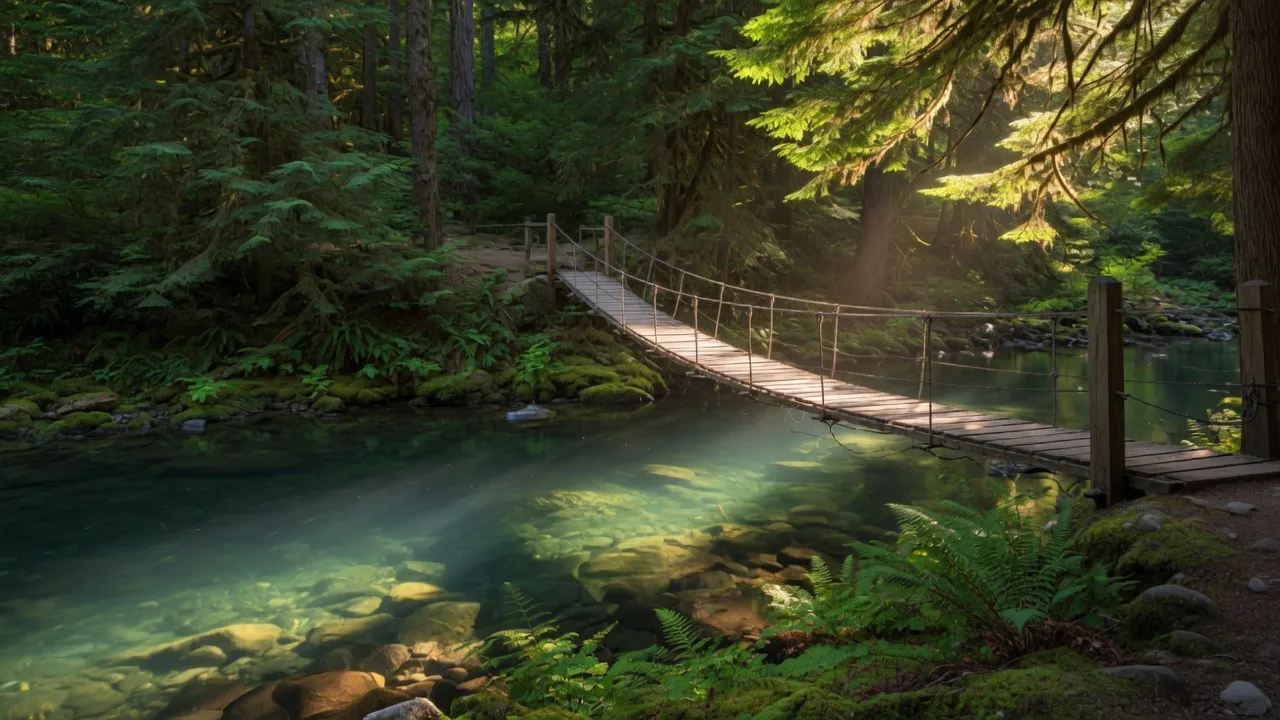 Clear Creek flowing under a rustic wooden suspension bridge at Metzler Park near Estacada, Oregon, with tall Douglas fir and cedar trees filtering golden afternoon light