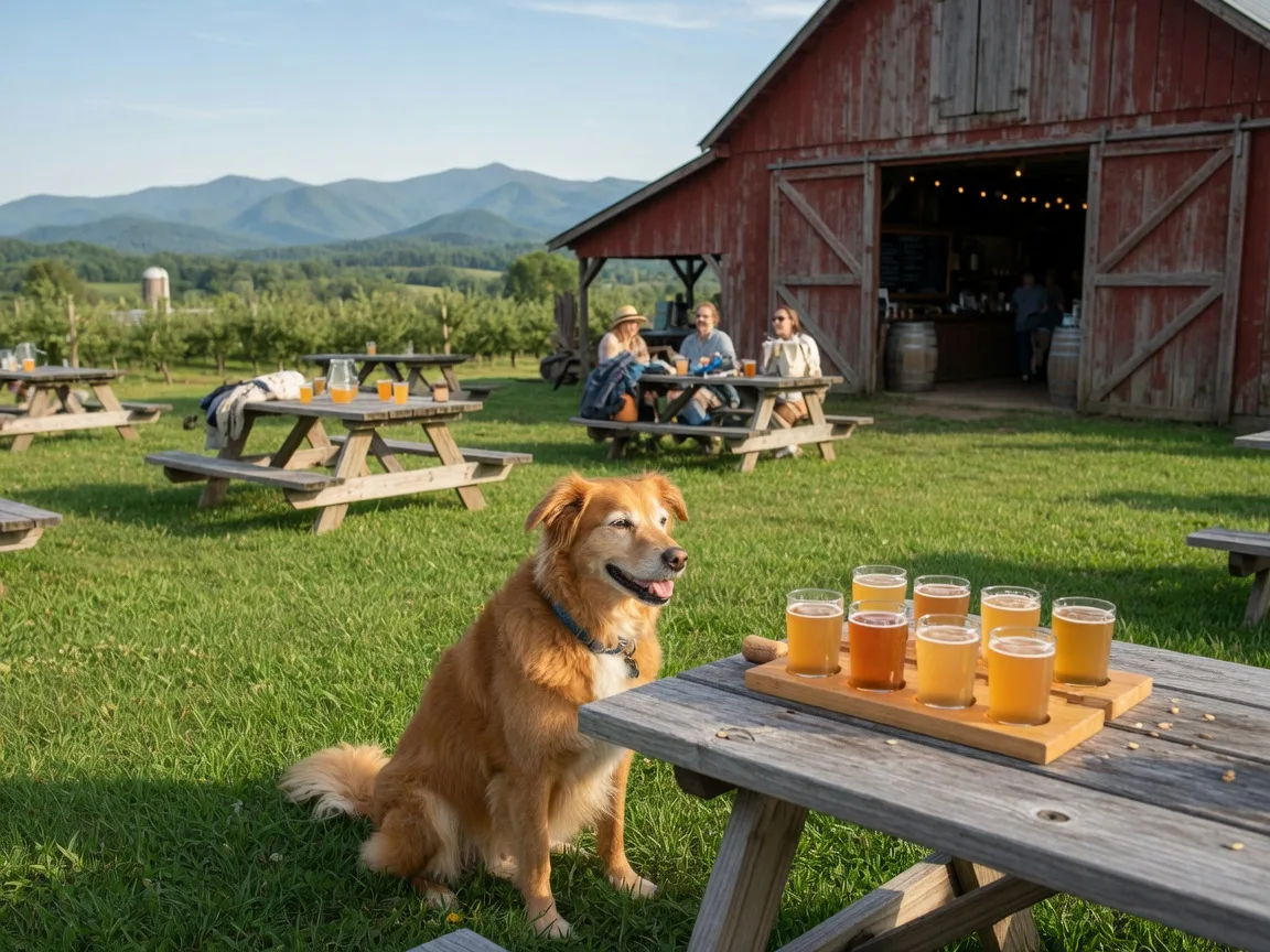 A rustic Virginia cidery with a barn tasting room, outdoor wooden table with cider taster flights, and a friendly dog resting beside the table with Blue Ridge foothills in the background