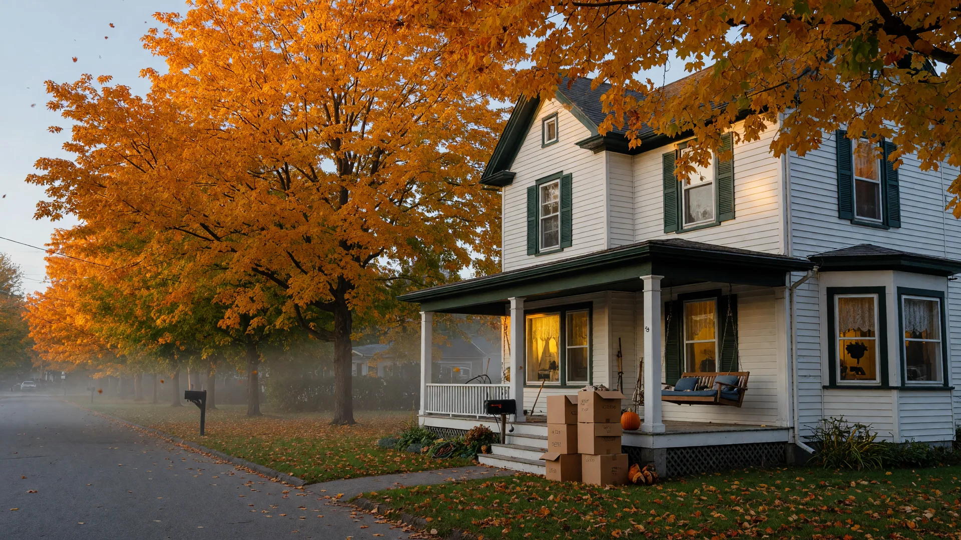 A classic two-storey family home on a tree-lined Port Perry street on a crisp October morning, with warm light in the windows, sugar maples in orange and gold, a covered front porch, and a small stack of moving boxes on the porch steps