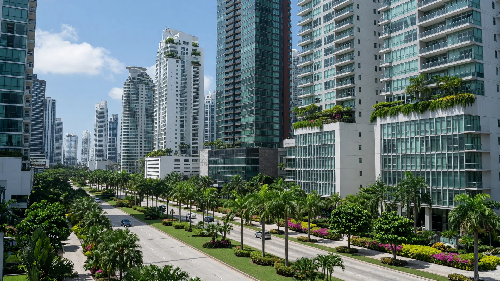 Panama City's modern financial district with glass high-rise towers along a tree-lined avenue under a bright blue sky