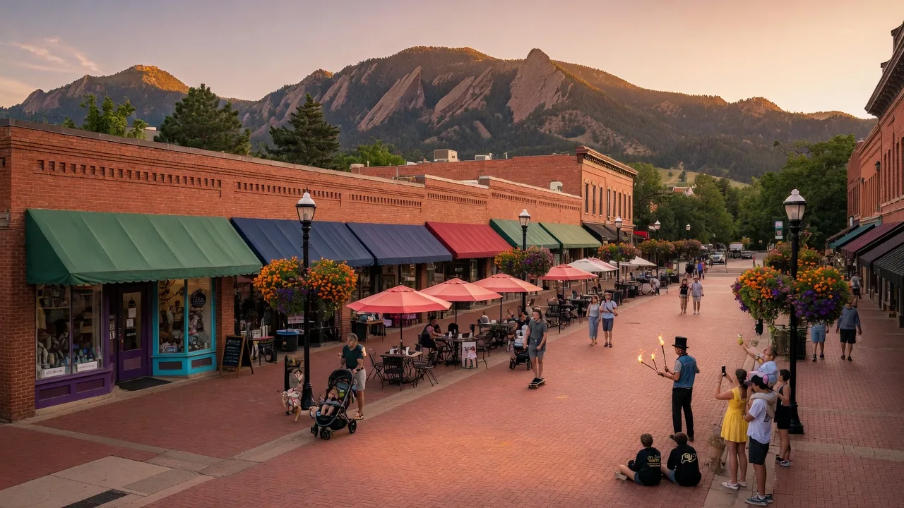 Pearl Street Mall in downtown Boulder with red brick pedestrian mall, cafe seating, and Flatirons mountain backdrop