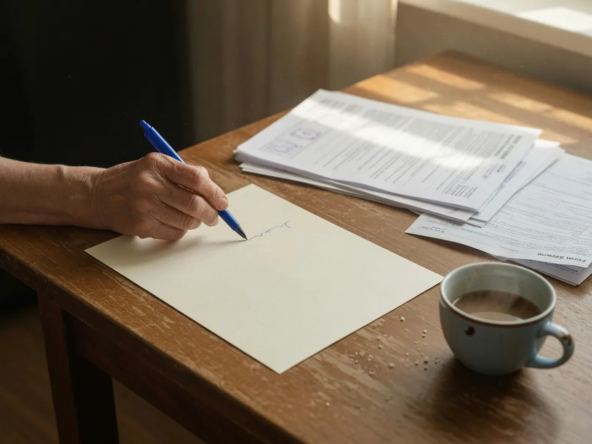 Hand writing a hardship letter at a quiet kitchen table with supporting documents nearby.