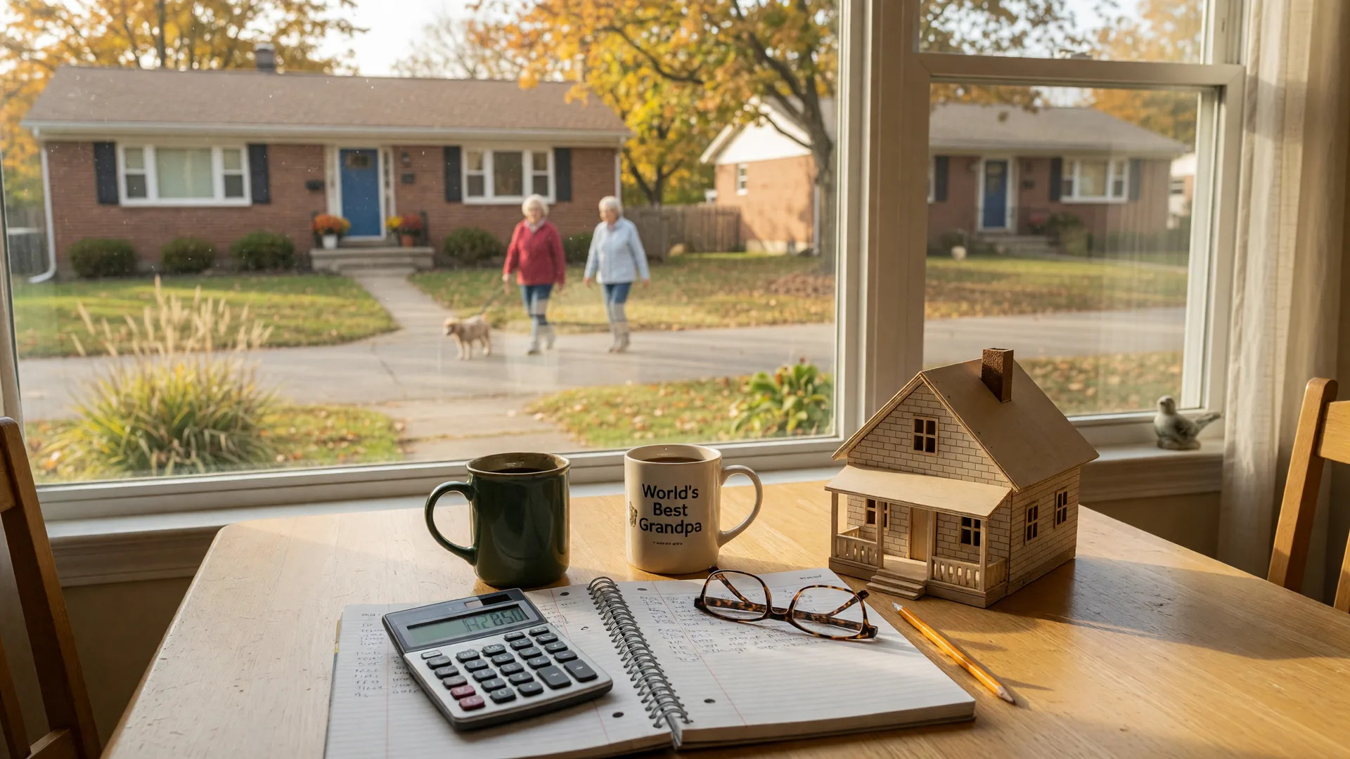 A bright photograph of a retirement planning scene at a sunlit kitchen table in a Northwest Indiana home with an open notebook, a calculator, reading glasses, two coffee mugs, and a wooden model house, with an active adult community visible through the window in golden autumn light