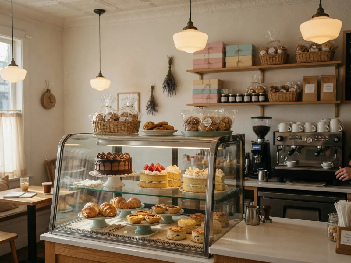The warm interior of Biscuits To Baskets bakery in Ajax with a glass pastry case of layer cakes and golden treats, an espresso bar, and shelves of packaged sweets in soft window light