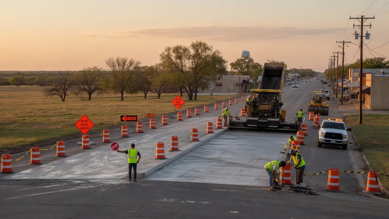 Road construction on a commercial street in Paris, Texas with heavy equipment, orange barrels, and workers in hi-vis vests under warm afternoon light
