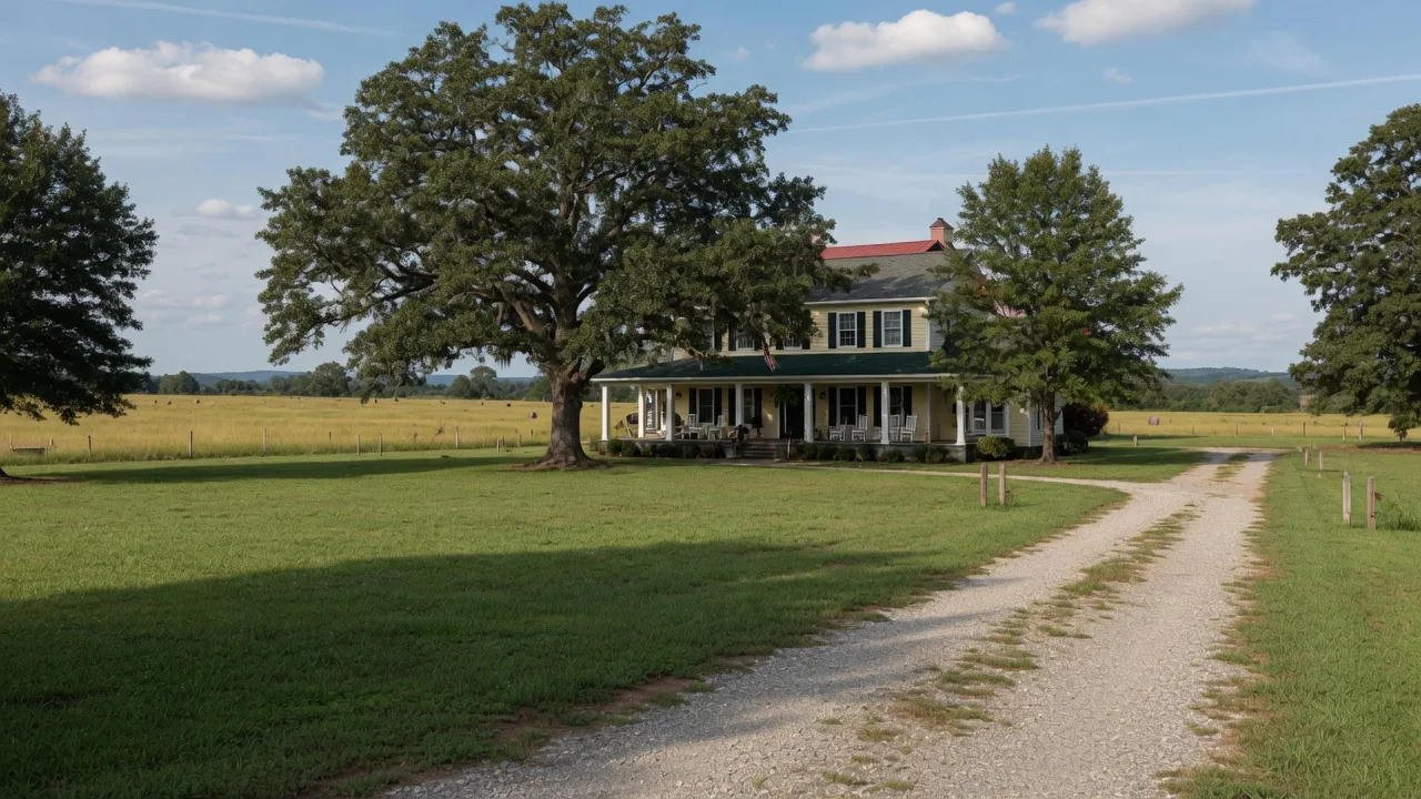 Large country estate home in Nokesville, Virginia set on a wide green lot with mature oak trees and a long gravel driveway