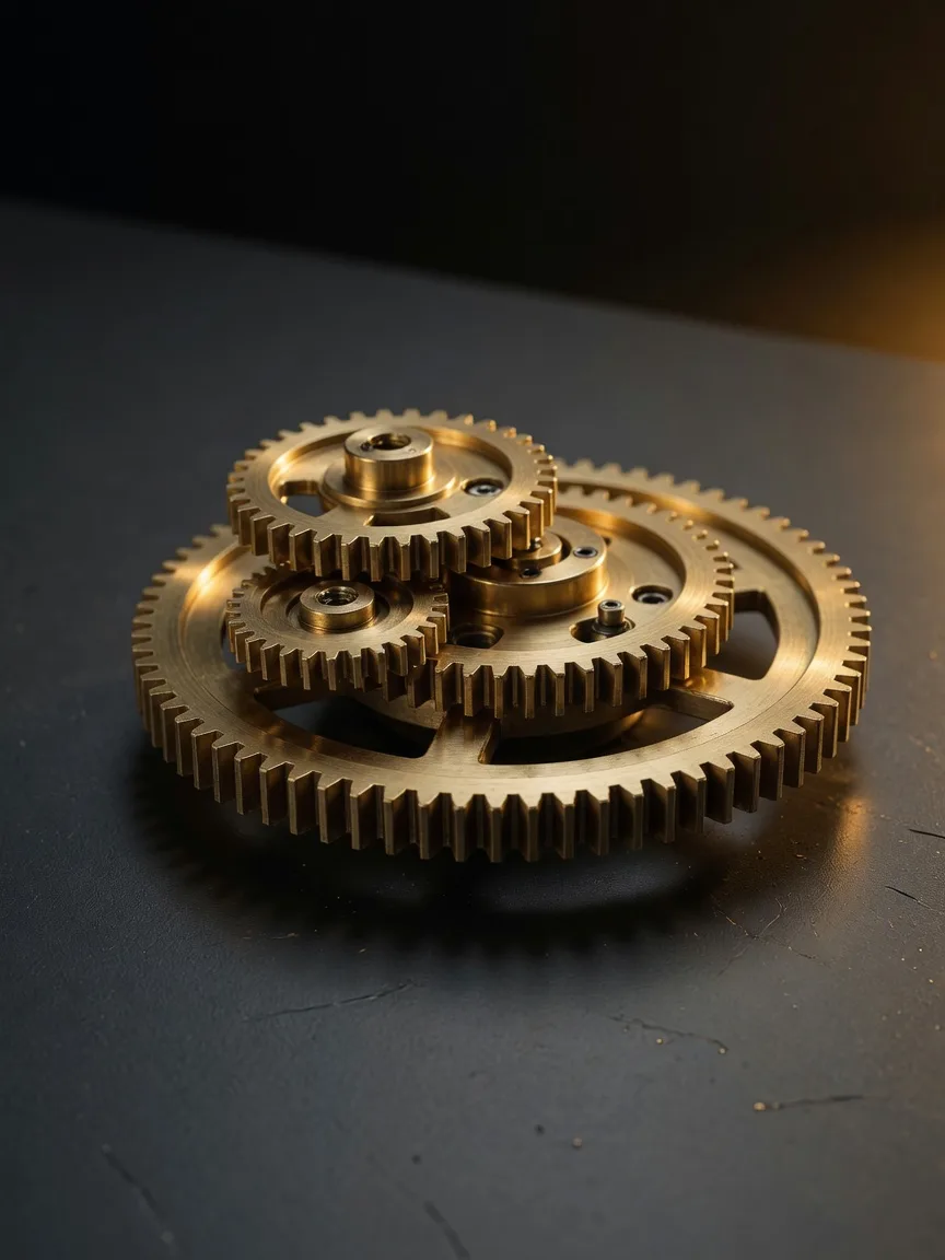 A precision-machined brass gear on a dark surface with warm gold light