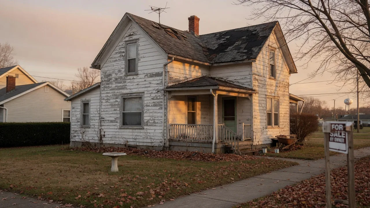 A weathered American fixer-upper home in Northeast Ohio captured in warm golden-hour light