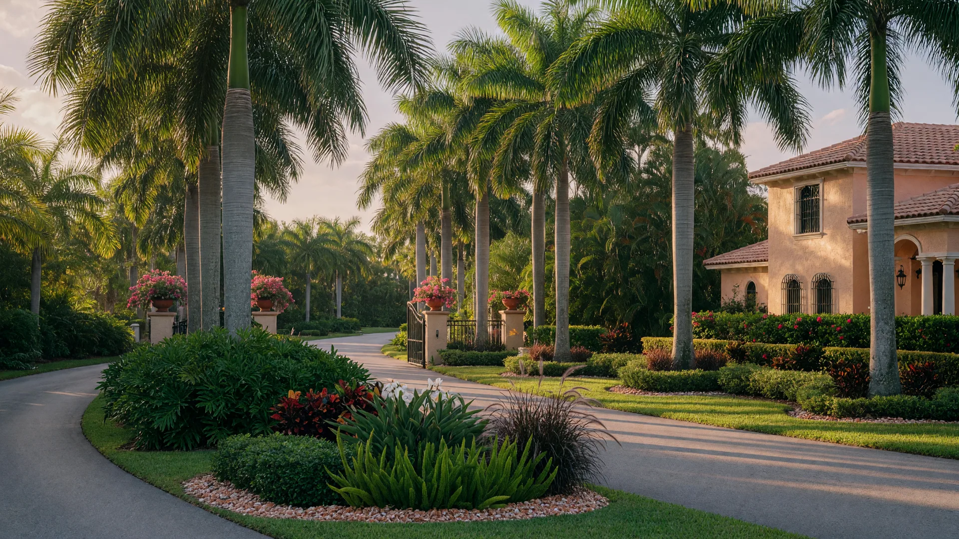 Palm-lined entrance to a Naples, Florida community