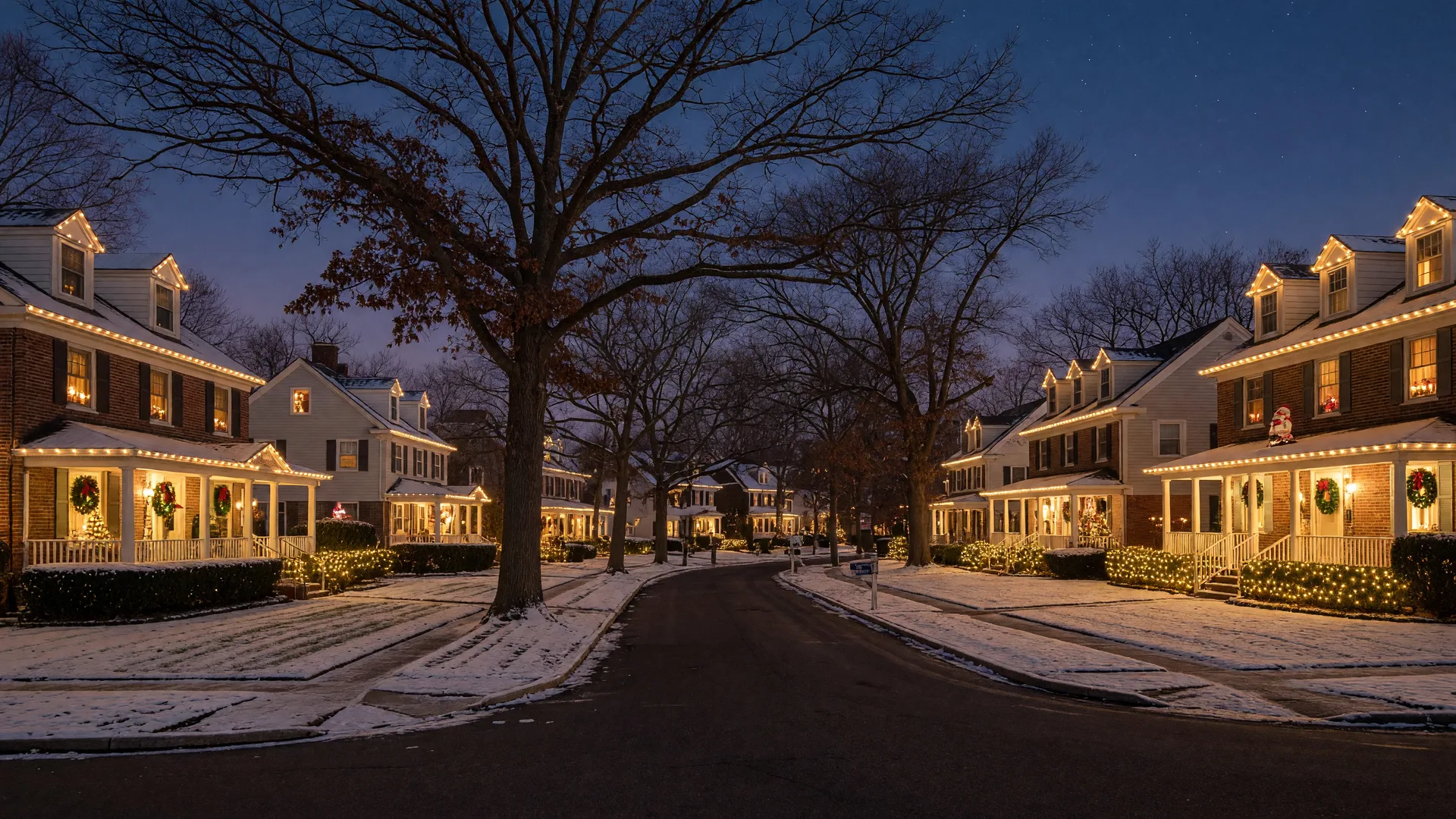 Tree-lined Cherry Hill street at Christmas dusk with colonial homes draped in white holiday lights and snow-dusted lawns