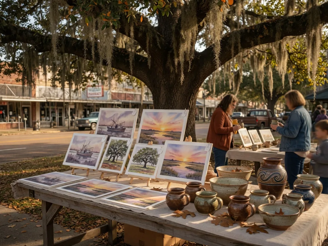 An artist's booth of watercolor paintings and pottery beneath a live oak draped in Spanish moss on a Gulf Coast main street in early November, with golden dappled light