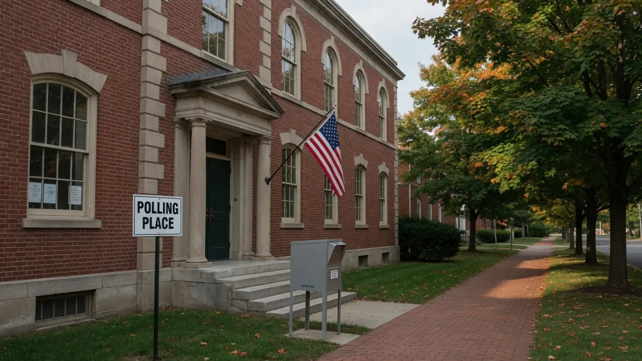 A stately brick municipal building in Essex County New Jersey used as a polling place, with an American flag, a ballot drop box near the steps, and autumn-turning maples on a late-September morning