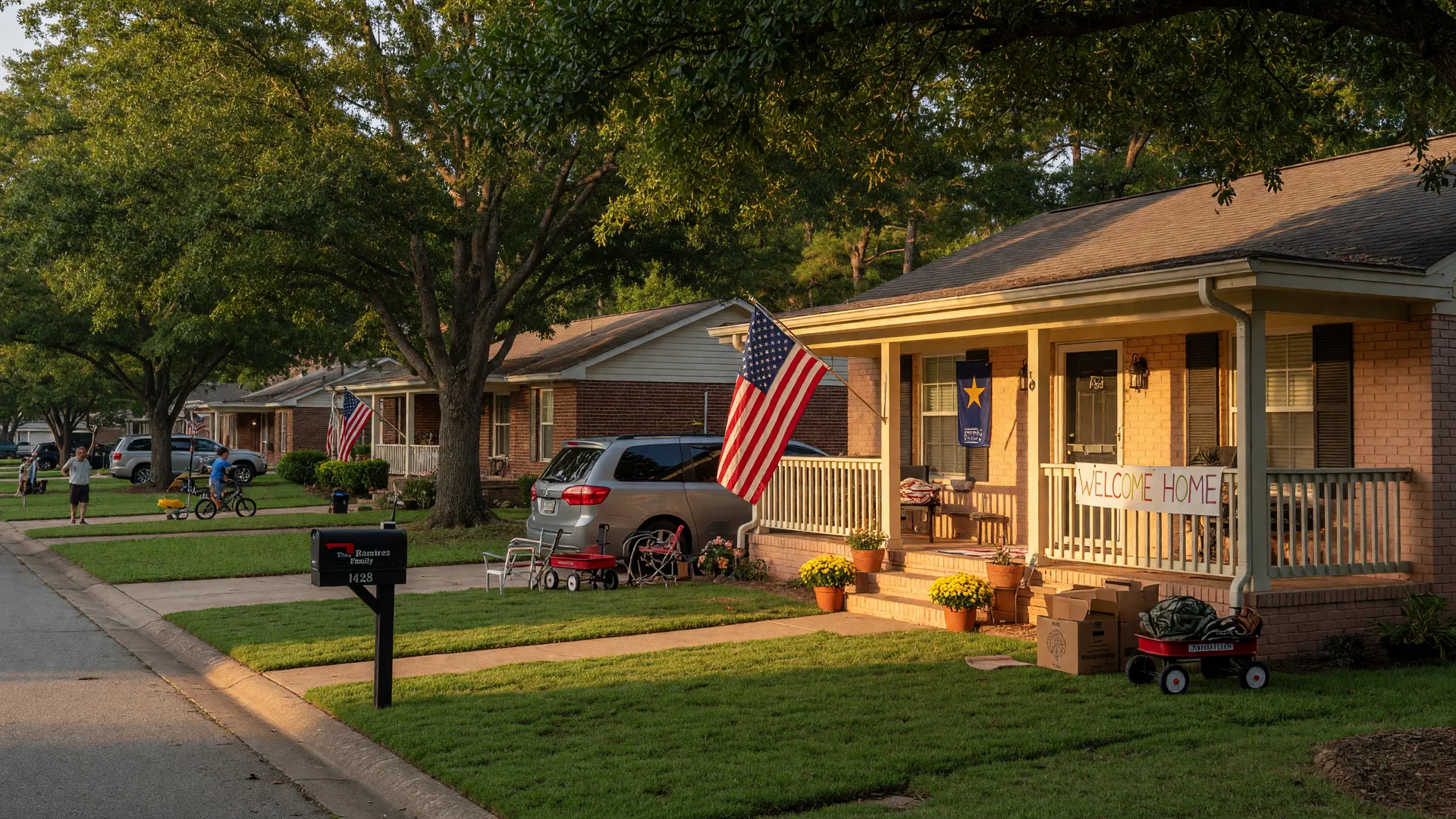 Welcoming residential home in a tree-lined Augusta, GA neighborhood with an American flag on a warm summer afternoon