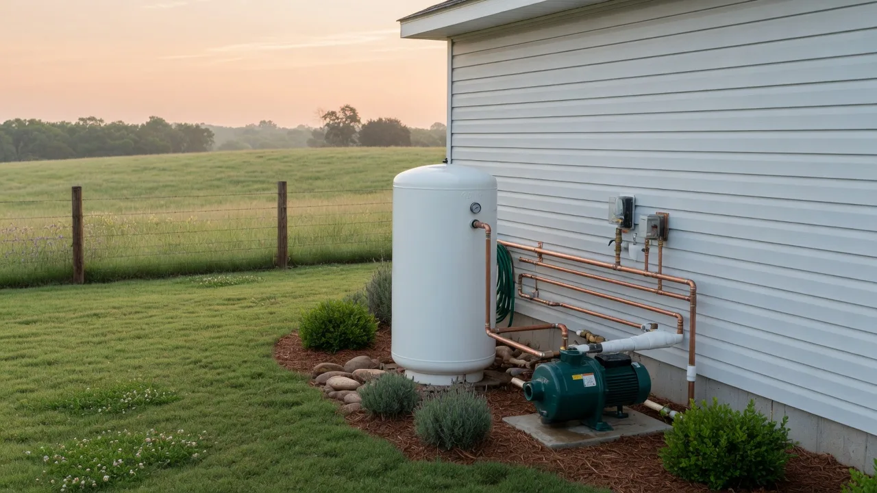 White pressure tank and pump beside the exterior wall of a country home with clean copper piping and green pasture beyond