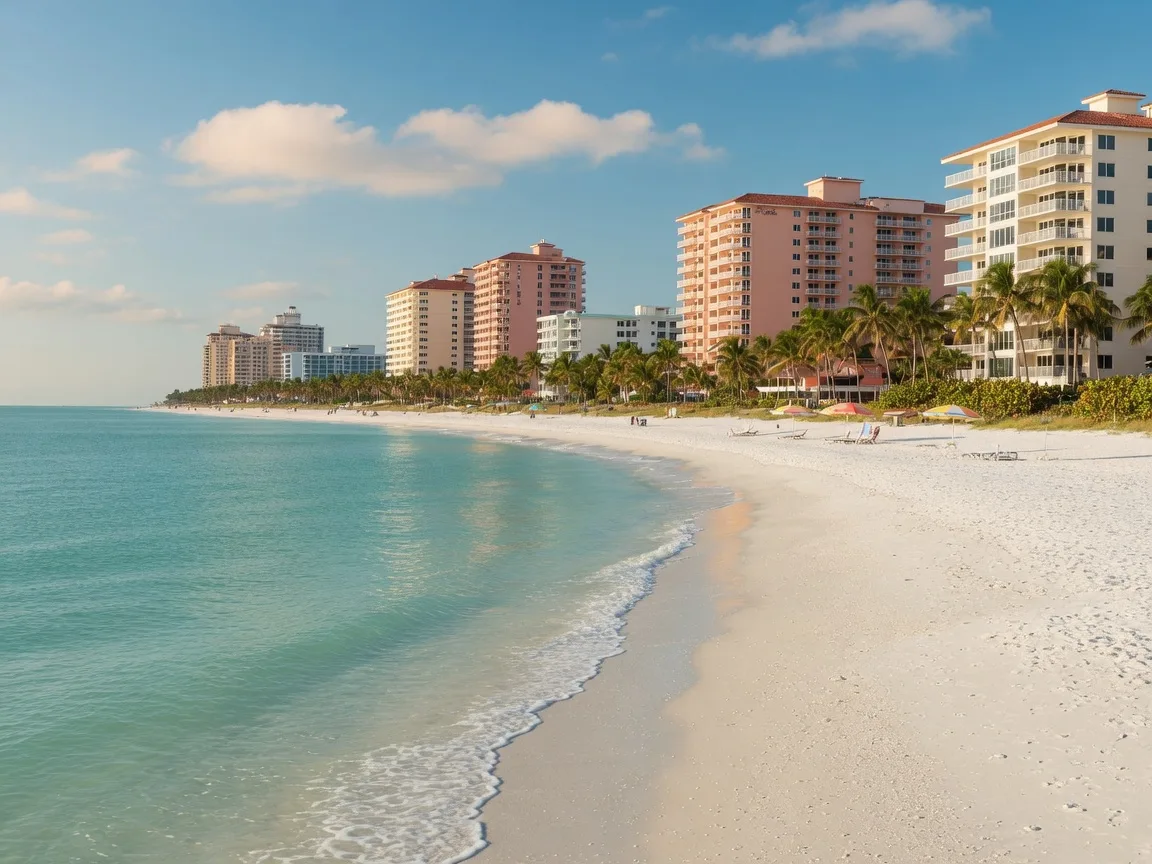 Marco Island, Florida beach with white sand, turquoise Gulf waters and beachfront condominiums on a sunny morning