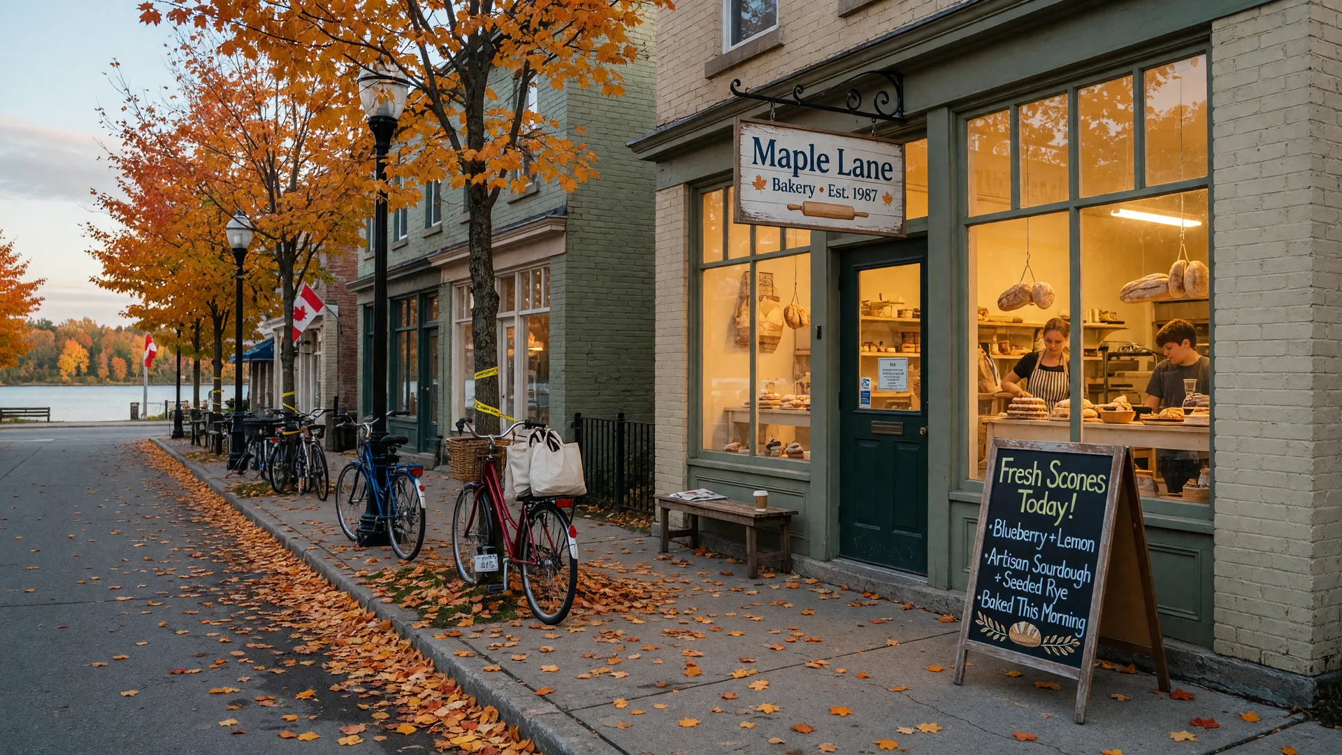 A cozy family-run bakery storefront on the main street of Beaverton, Ontario on a crisp autumn morning, with warm light in the windows, a chalkboard on the sidewalk, and sugar maples in orange and gold along the street