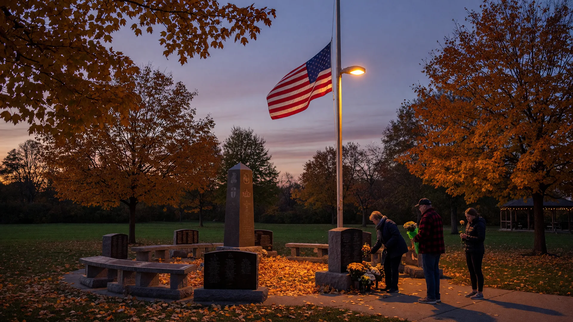 A small-town Ohio veterans memorial with an American flag and autumn trees at dusk, flowers placed at the memorial stones ahead of Veterans Day ceremonies