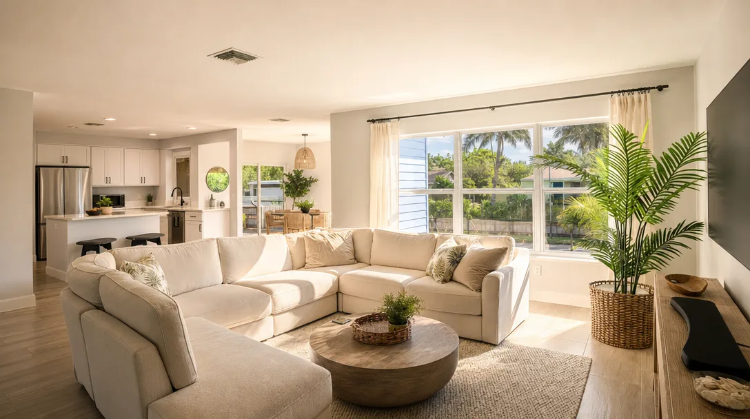 Bright staged living room in a South Florida home with neutral furniture, natural light, and tropical accents