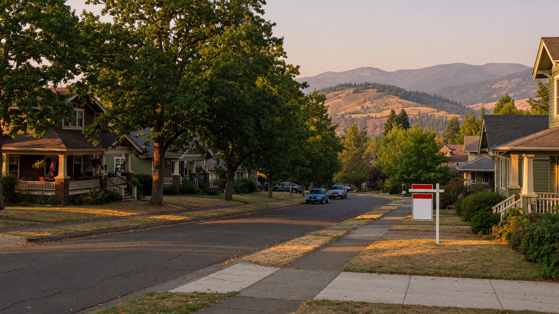 A welcoming tree-lined residential street in a Southern Oregon neighborhood with craftsman homes at golden hour