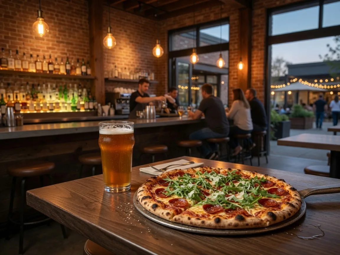A wood-fired pepperoni and arugula pizza next to a glass of amber craft beer on a dark walnut table inside the warm, modern Pies and Pints restaurant at The Greene in Beavercreek Ohio, with Edison-bulb pendants and a softly blurred bar behind